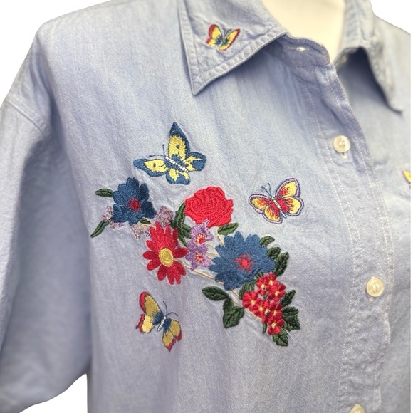Vintage Embroidered Denim Button Up Shirt Floral Butterfly Cottagecore XL - Picture 4 of 8